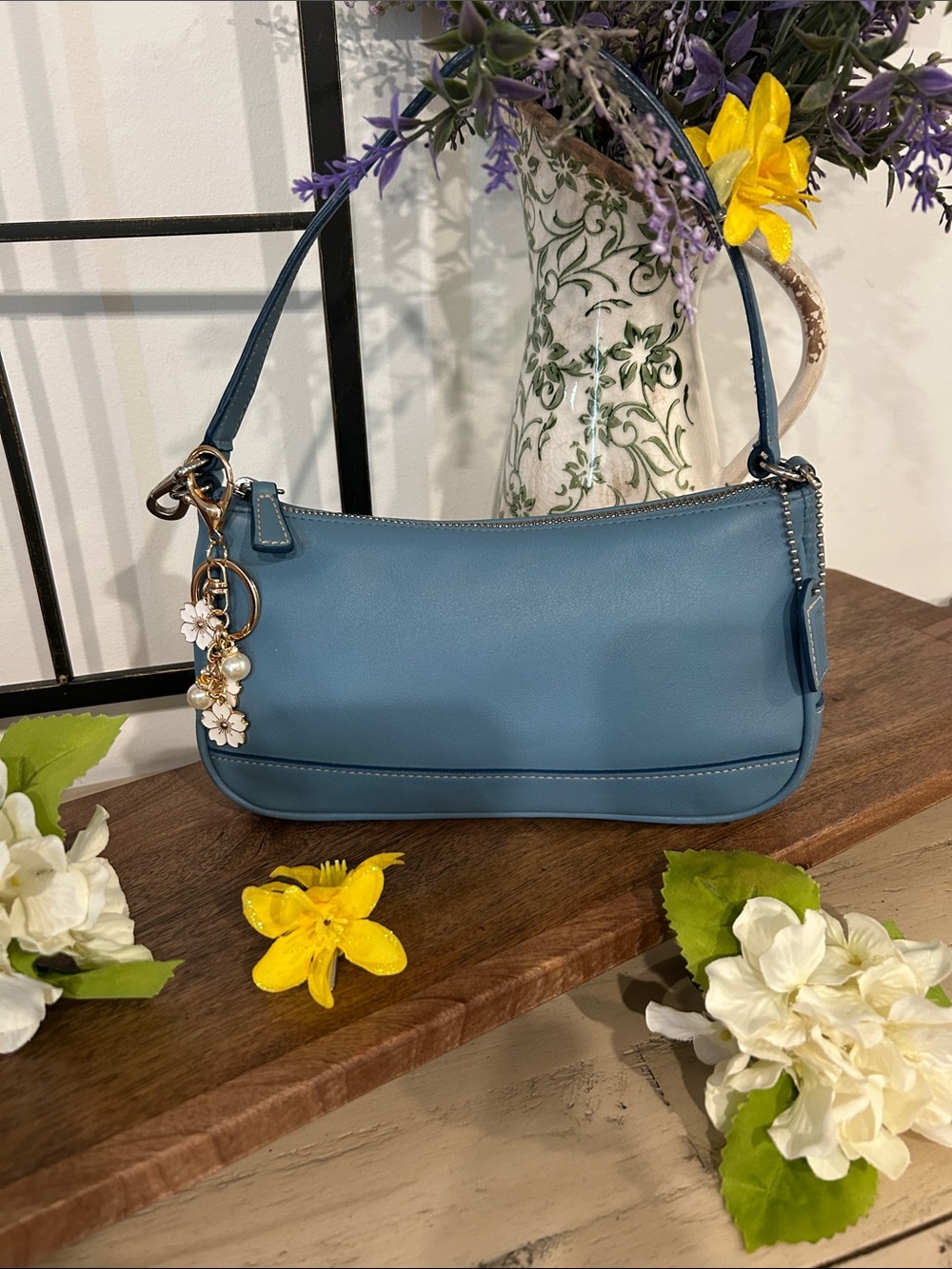 Coach Blue Leather Shoulder Bag with Floral Charm